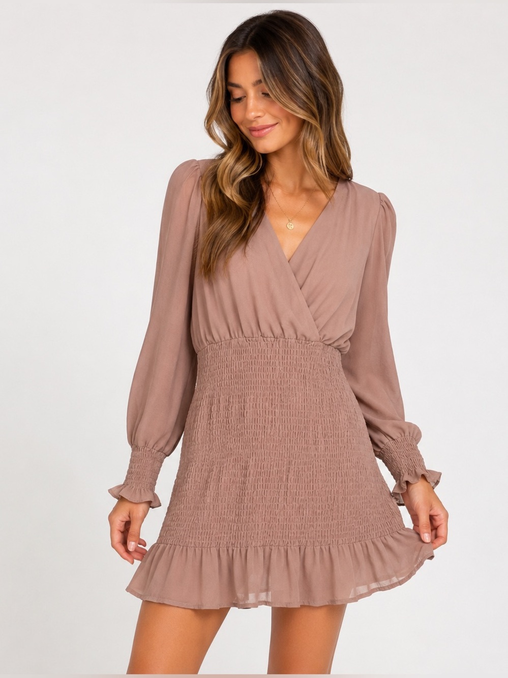 Vernacular L Smocked Long Sleeve Ruffle Mini Dress